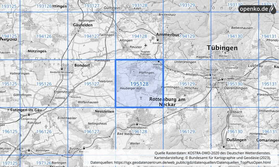 Übersichtskarte des KOSTRA-DWD-2020-Rasterfeldes Nr. 195128