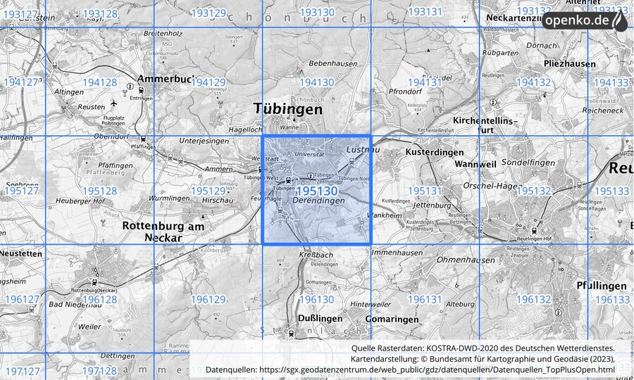 Übersichtskarte des KOSTRA-DWD-2020-Rasterfeldes Nr. 195130