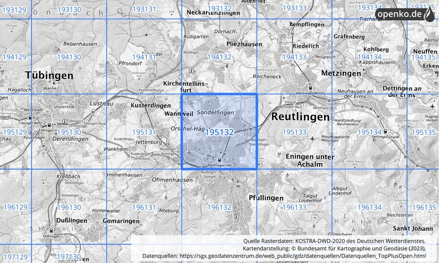 Übersichtskarte des KOSTRA-DWD-2020-Rasterfeldes Nr. 195132