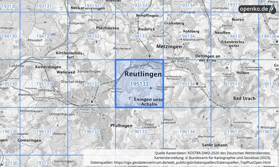 Übersichtskarte des KOSTRA-DWD-2020-Rasterfeldes Nr. 195133