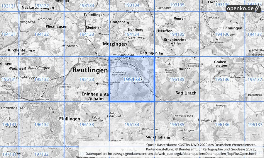 Übersichtskarte des KOSTRA-DWD-2020-Rasterfeldes Nr. 195134