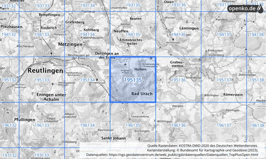 Übersichtskarte des KOSTRA-DWD-2020-Rasterfeldes Nr. 195135