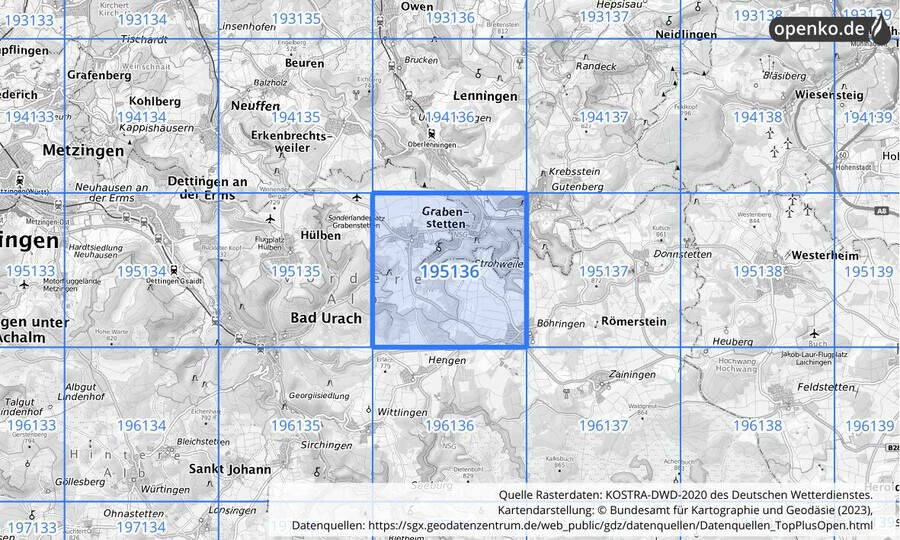 Übersichtskarte des KOSTRA-DWD-2020-Rasterfeldes Nr. 195136