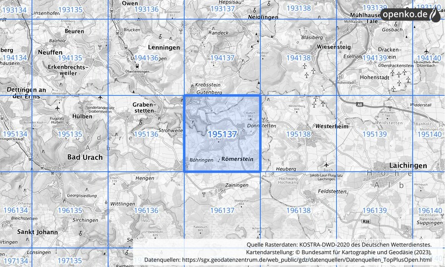 Übersichtskarte des KOSTRA-DWD-2020-Rasterfeldes Nr. 195137