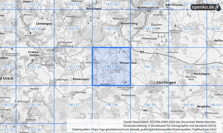 Übersichtskarte des KOSTRA-DWD-2020-Rasterfeldes Nr. 195138