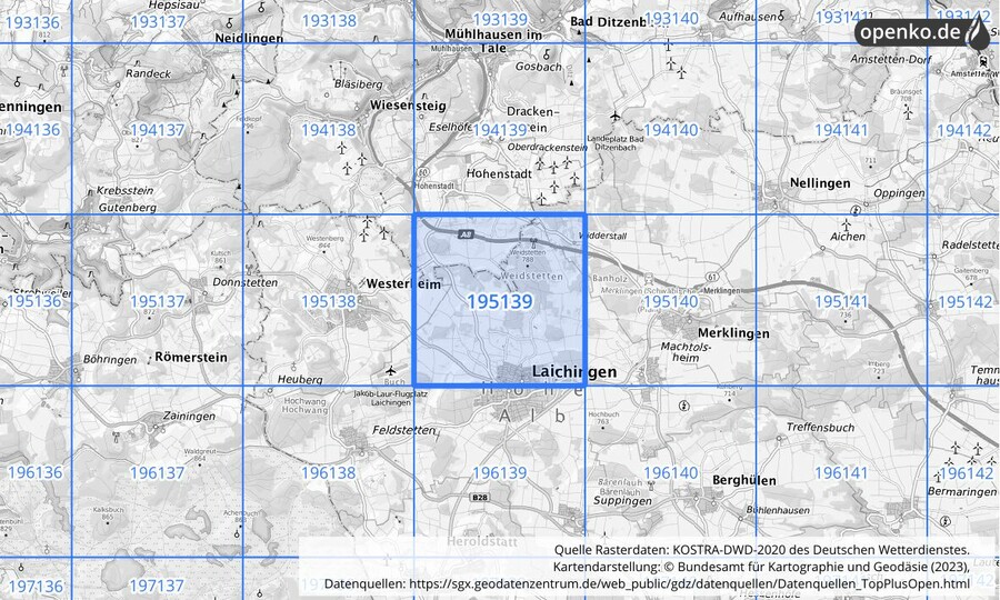 Übersichtskarte des KOSTRA-DWD-2020-Rasterfeldes Nr. 195139