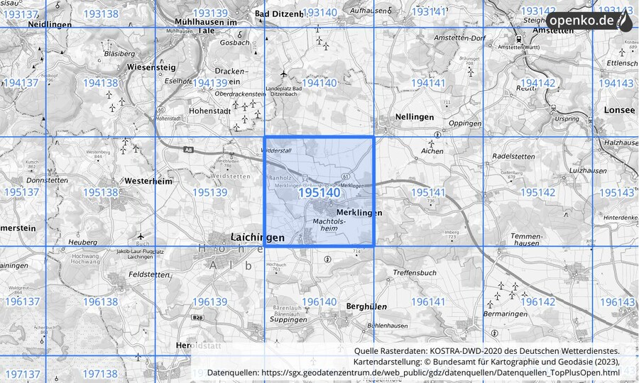 Übersichtskarte des KOSTRA-DWD-2020-Rasterfeldes Nr. 195140
