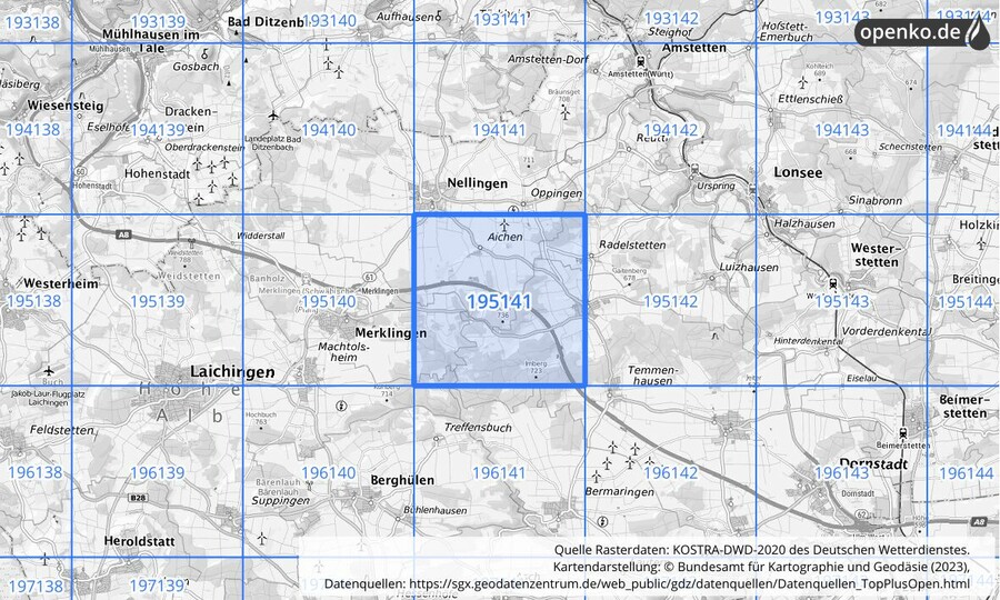 Übersichtskarte des KOSTRA-DWD-2020-Rasterfeldes Nr. 195141