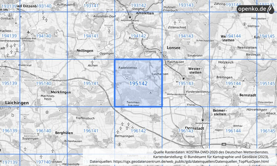 Übersichtskarte des KOSTRA-DWD-2020-Rasterfeldes Nr. 195142
