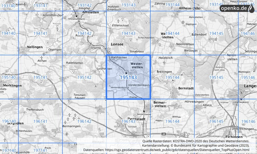 Übersichtskarte des KOSTRA-DWD-2020-Rasterfeldes Nr. 195143