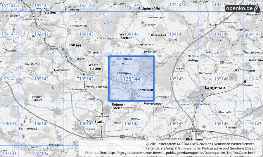 Übersichtskarte des KOSTRA-DWD-2020-Rasterfeldes Nr. 195144