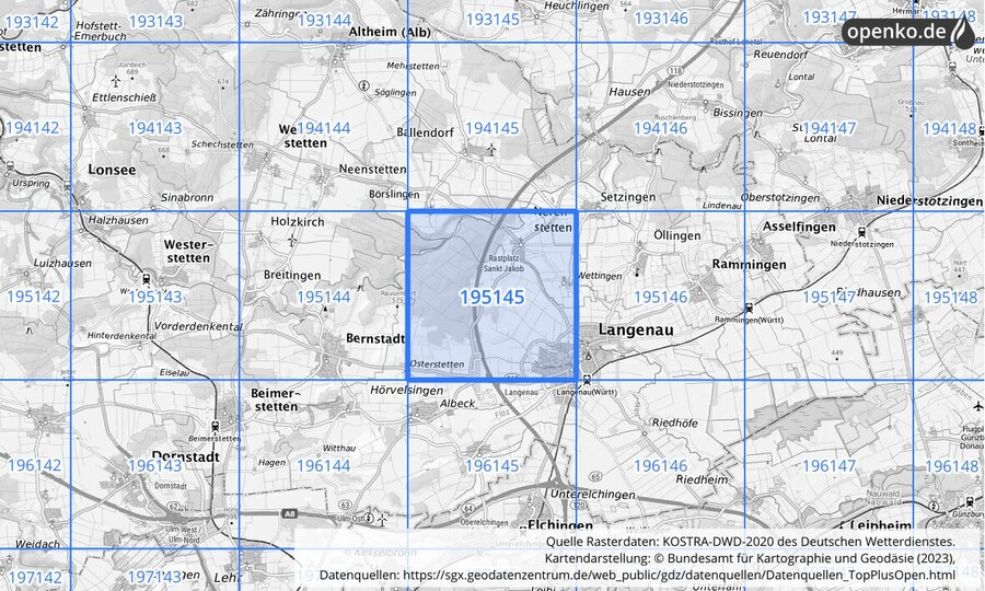 Übersichtskarte des KOSTRA-DWD-2020-Rasterfeldes Nr. 195145