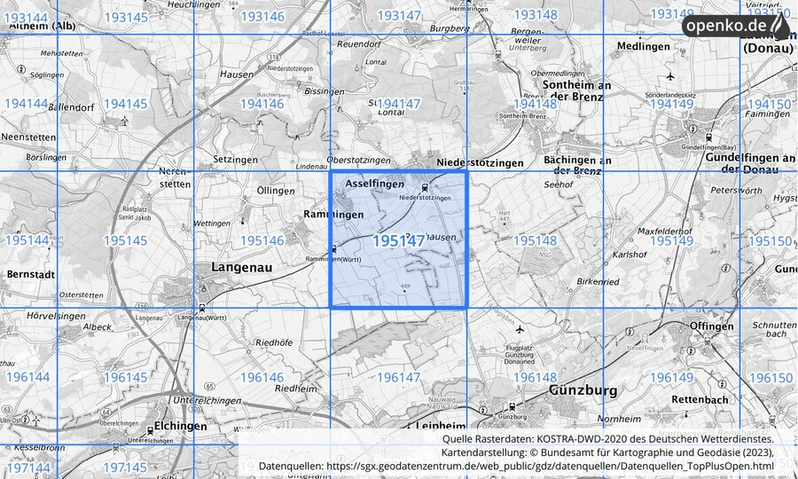 Übersichtskarte des KOSTRA-DWD-2020-Rasterfeldes Nr. 195147