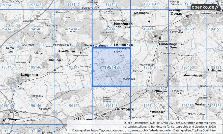 Übersichtskarte des KOSTRA-DWD-2020-Rasterfeldes Nr. 195148