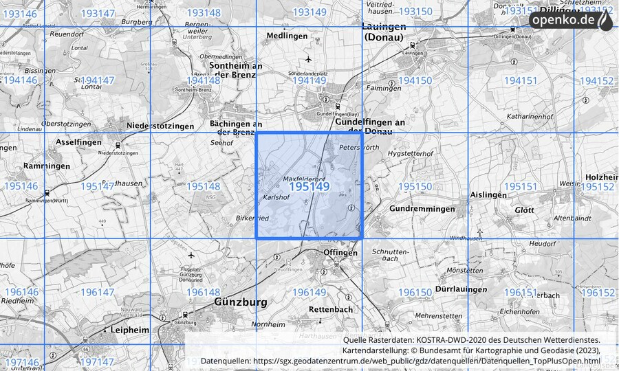 Übersichtskarte des KOSTRA-DWD-2020-Rasterfeldes Nr. 195149