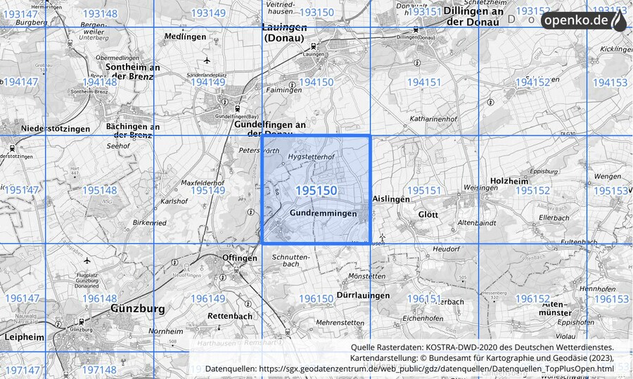 Übersichtskarte des KOSTRA-DWD-2020-Rasterfeldes Nr. 195150