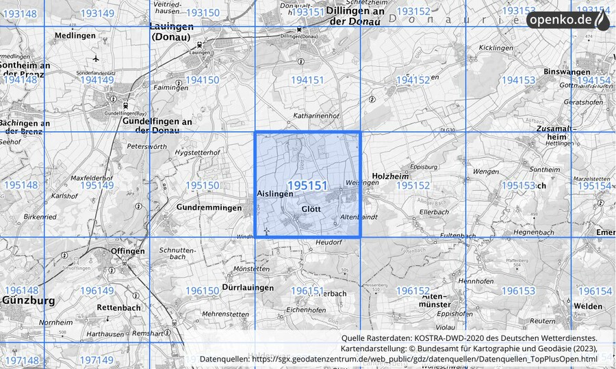 Übersichtskarte des KOSTRA-DWD-2020-Rasterfeldes Nr. 195151