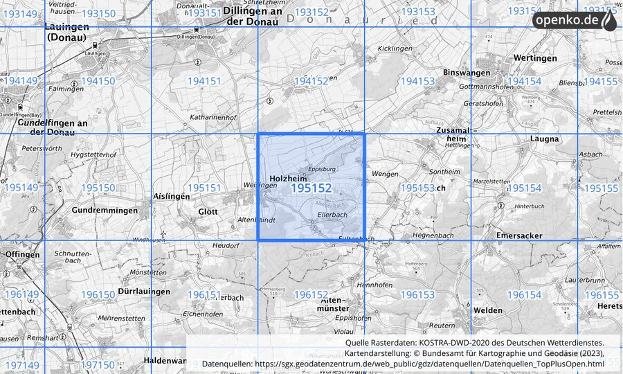 Übersichtskarte des KOSTRA-DWD-2020-Rasterfeldes Nr. 195152