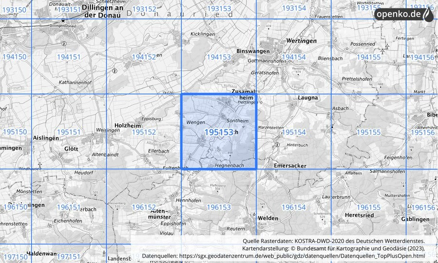 Übersichtskarte des KOSTRA-DWD-2020-Rasterfeldes Nr. 195153