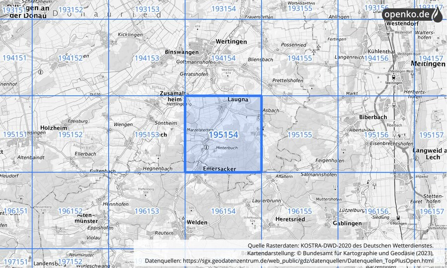 Übersichtskarte des KOSTRA-DWD-2020-Rasterfeldes Nr. 195154