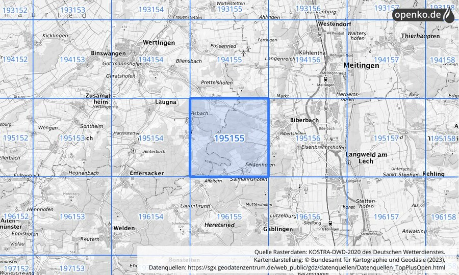Übersichtskarte des KOSTRA-DWD-2020-Rasterfeldes Nr. 195155