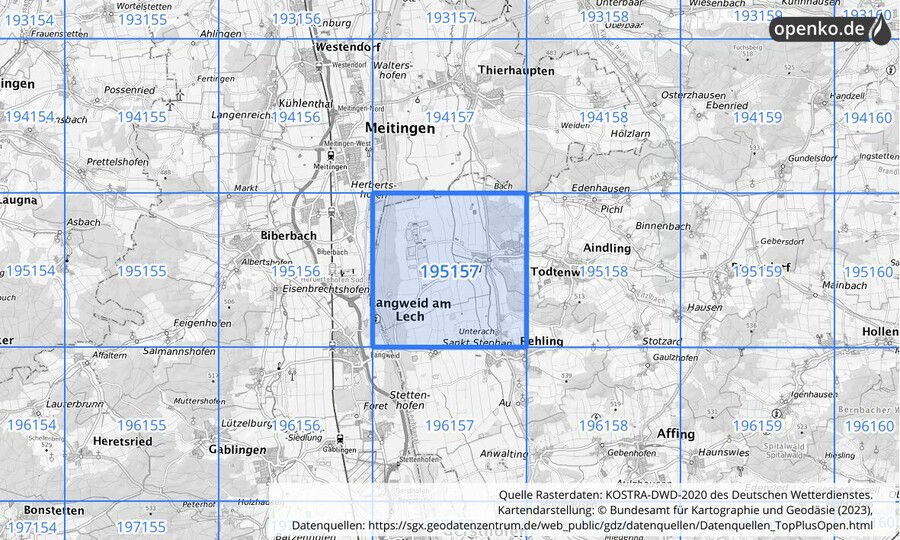 Übersichtskarte des KOSTRA-DWD-2020-Rasterfeldes Nr. 195157