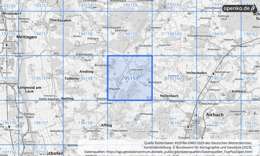 Übersichtskarte des KOSTRA-DWD-2020-Rasterfeldes Nr. 195159