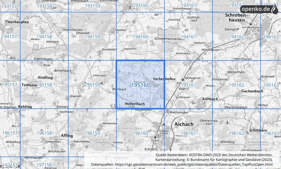 Übersichtskarte des KOSTRA-DWD-2020-Rasterfeldes Nr. 195160