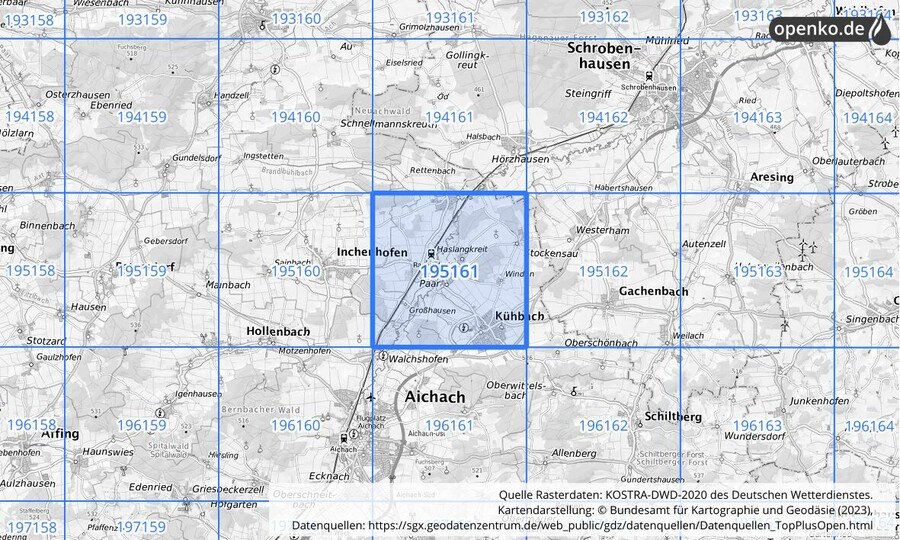 Übersichtskarte des KOSTRA-DWD-2020-Rasterfeldes Nr. 195161