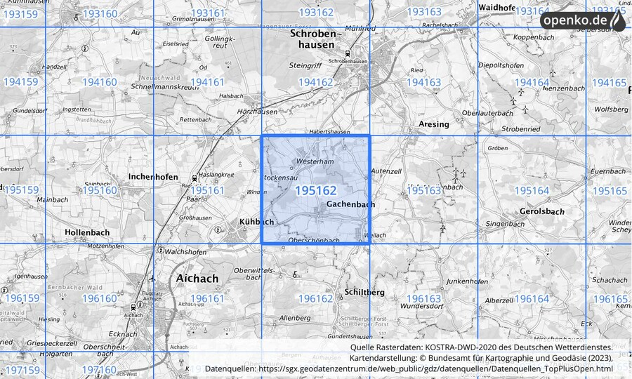 Übersichtskarte des KOSTRA-DWD-2020-Rasterfeldes Nr. 195162