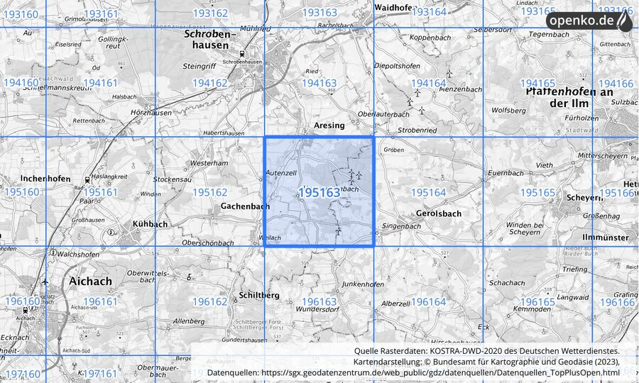 Übersichtskarte des KOSTRA-DWD-2020-Rasterfeldes Nr. 195163