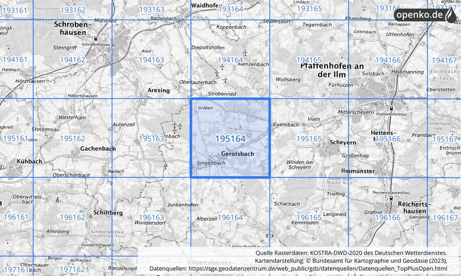 Übersichtskarte des KOSTRA-DWD-2020-Rasterfeldes Nr. 195164