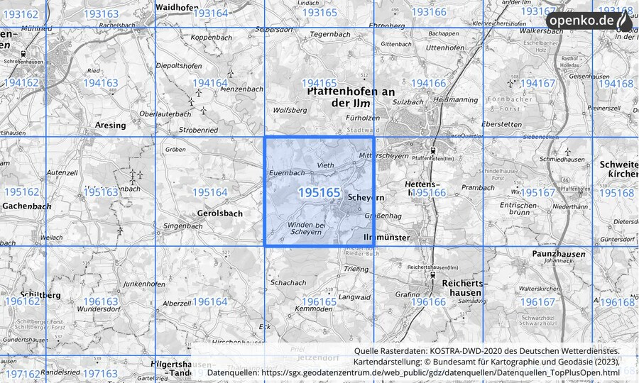 Übersichtskarte des KOSTRA-DWD-2020-Rasterfeldes Nr. 195165