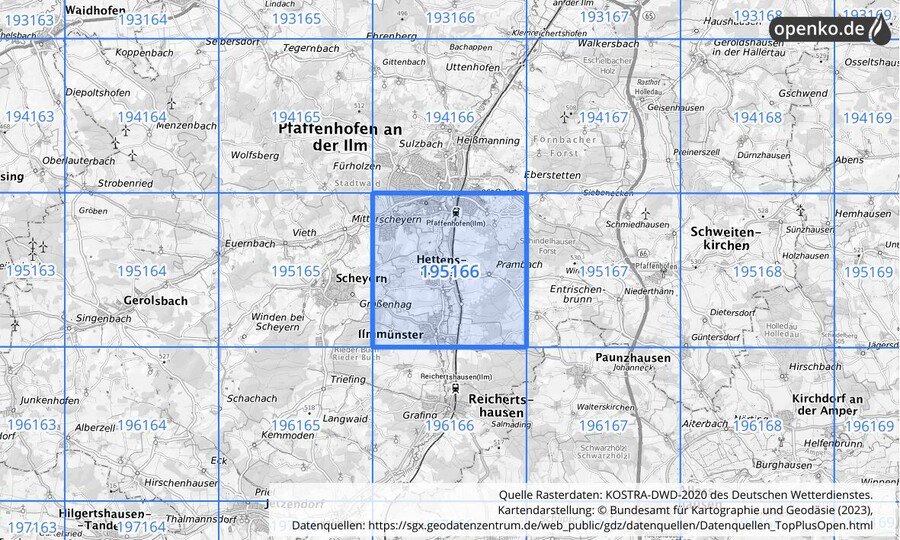 Übersichtskarte des KOSTRA-DWD-2020-Rasterfeldes Nr. 195166