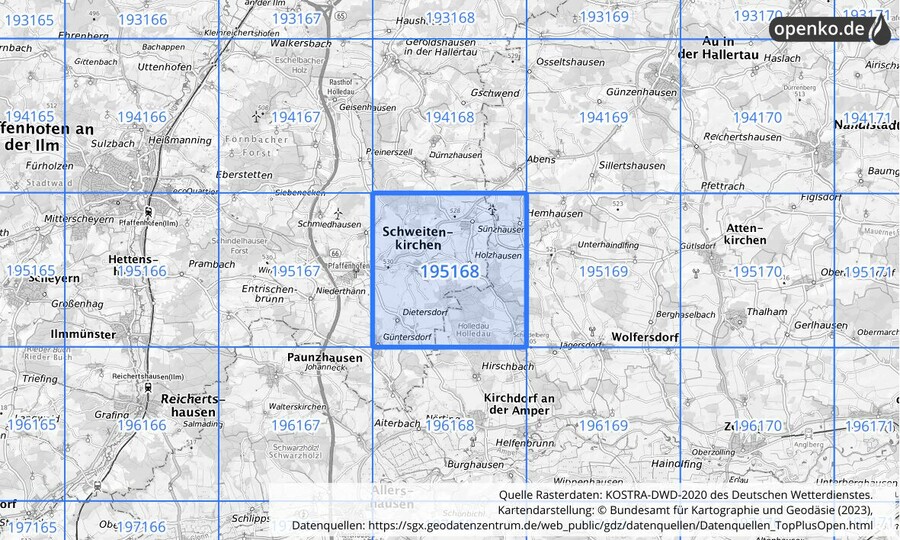 Übersichtskarte des KOSTRA-DWD-2020-Rasterfeldes Nr. 195168