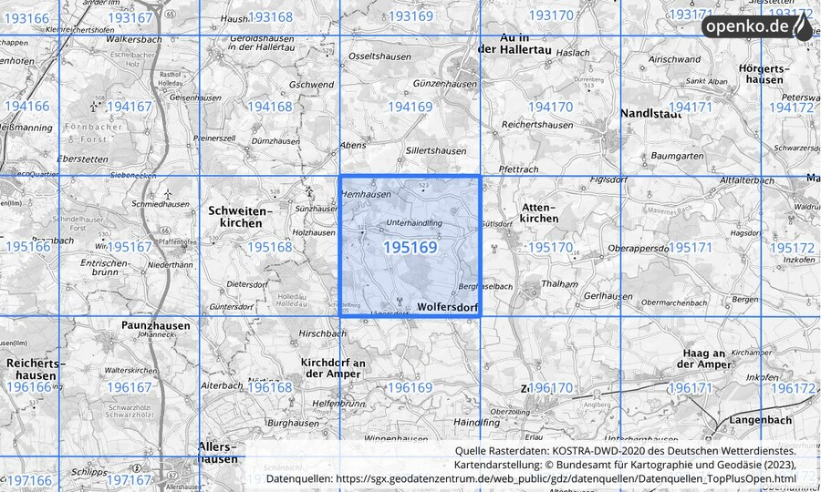 Übersichtskarte des KOSTRA-DWD-2020-Rasterfeldes Nr. 195169