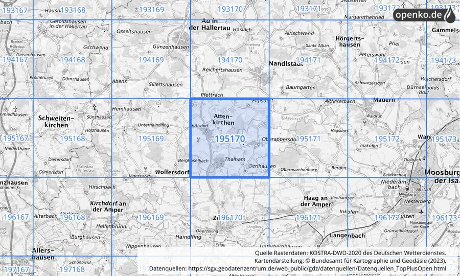 Übersichtskarte des KOSTRA-DWD-2020-Rasterfeldes Nr. 195170