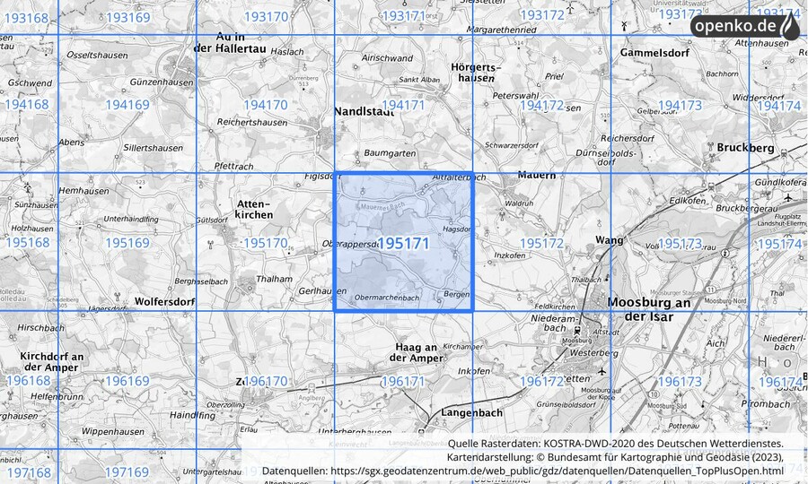 Übersichtskarte des KOSTRA-DWD-2020-Rasterfeldes Nr. 195171