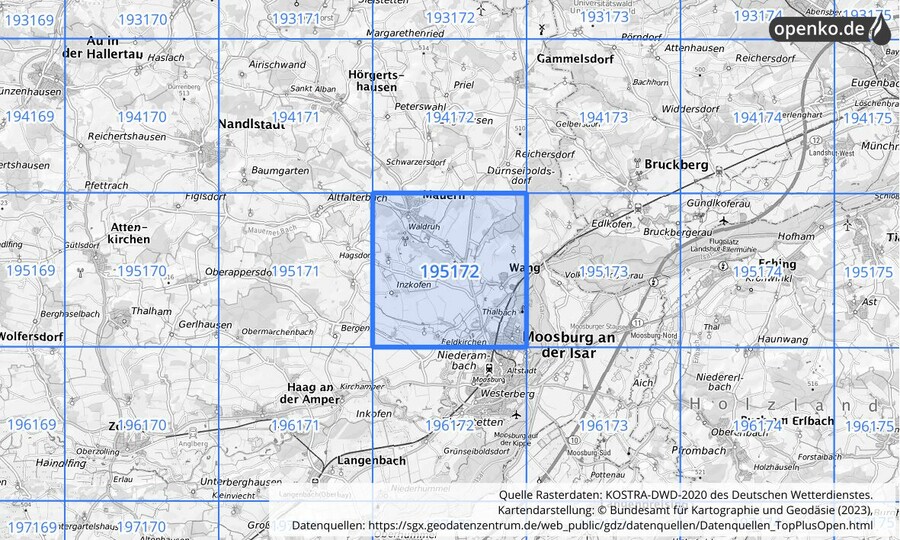 Übersichtskarte des KOSTRA-DWD-2020-Rasterfeldes Nr. 195172