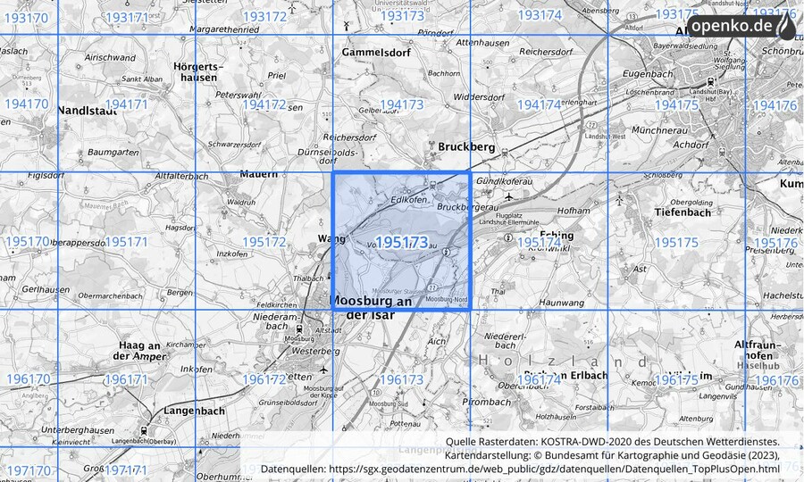 Übersichtskarte des KOSTRA-DWD-2020-Rasterfeldes Nr. 195173