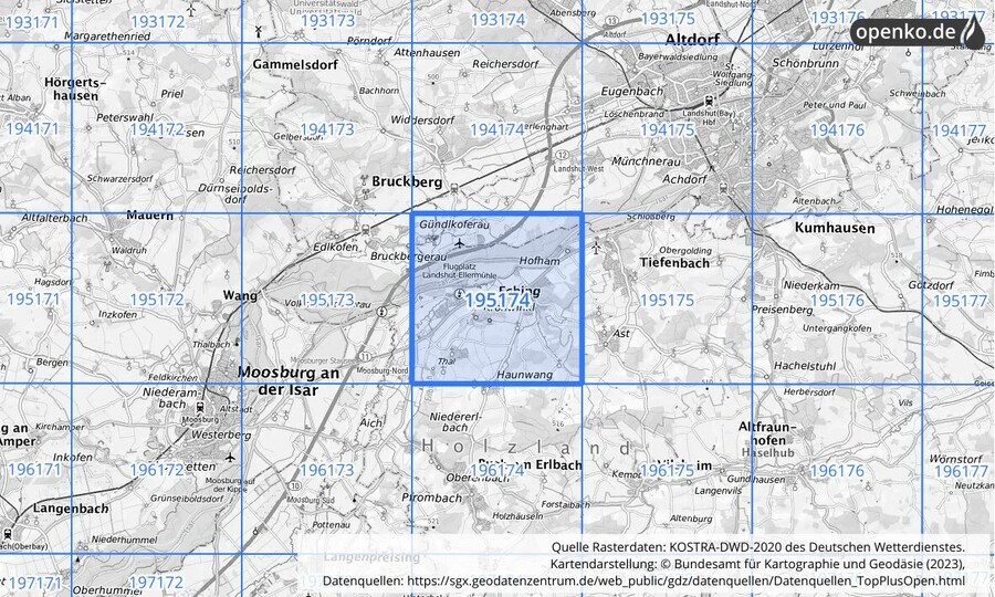 Übersichtskarte des KOSTRA-DWD-2020-Rasterfeldes Nr. 195174