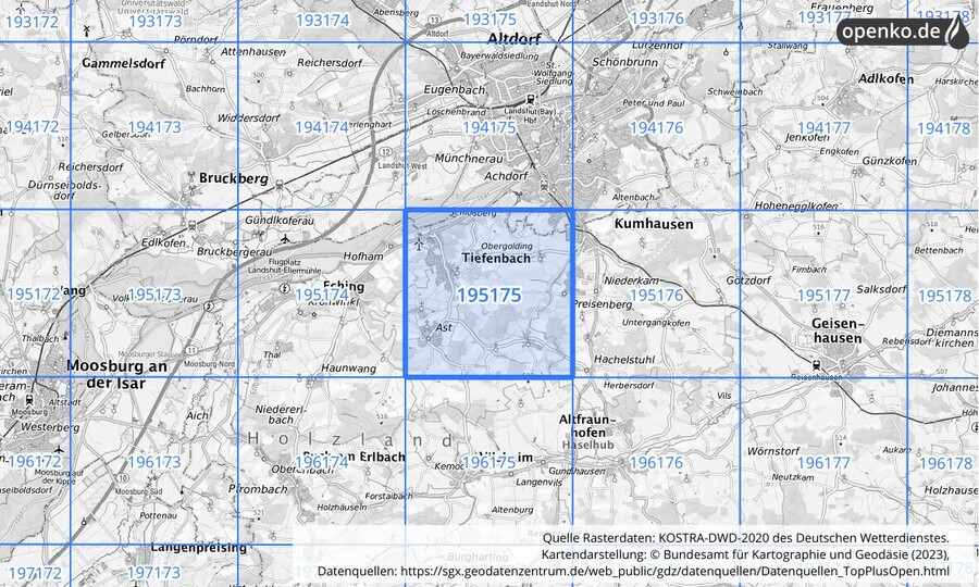 Übersichtskarte des KOSTRA-DWD-2020-Rasterfeldes Nr. 195175