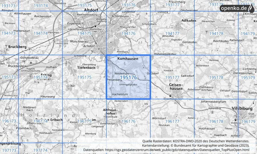 Übersichtskarte des KOSTRA-DWD-2020-Rasterfeldes Nr. 195176