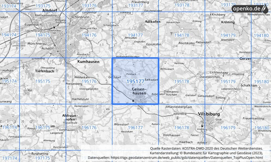 Übersichtskarte des KOSTRA-DWD-2020-Rasterfeldes Nr. 195177