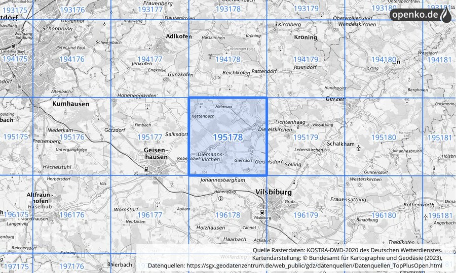 Übersichtskarte des KOSTRA-DWD-2020-Rasterfeldes Nr. 195178