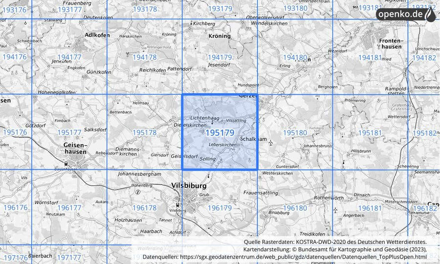 Übersichtskarte des KOSTRA-DWD-2020-Rasterfeldes Nr. 195179