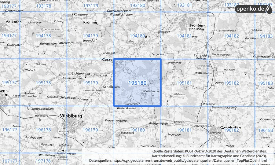 Übersichtskarte des KOSTRA-DWD-2020-Rasterfeldes Nr. 195180