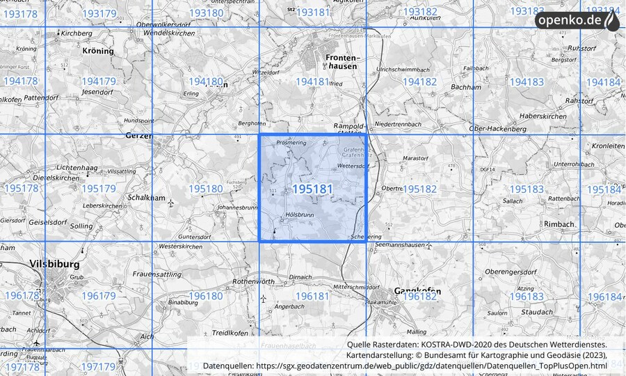 Übersichtskarte des KOSTRA-DWD-2020-Rasterfeldes Nr. 195181