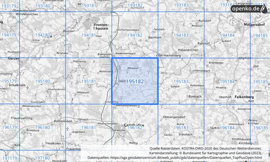 Übersichtskarte des KOSTRA-DWD-2020-Rasterfeldes Nr. 195182