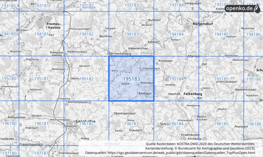 Übersichtskarte des KOSTRA-DWD-2020-Rasterfeldes Nr. 195183